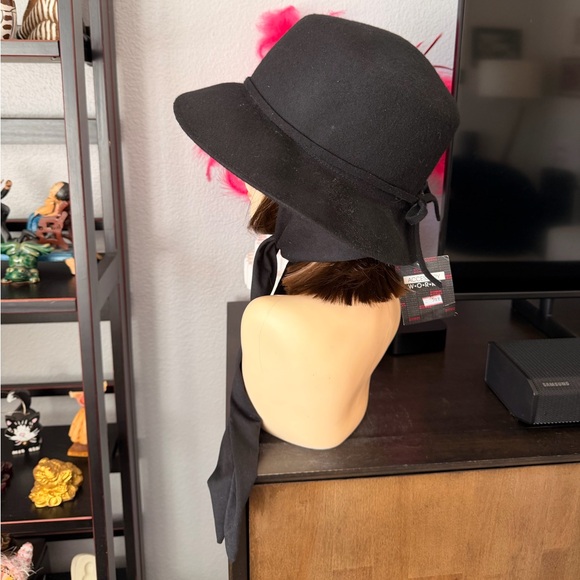 Vintage Black Wool Wide-Brim Hat with Scarf - Picture 2 of 10